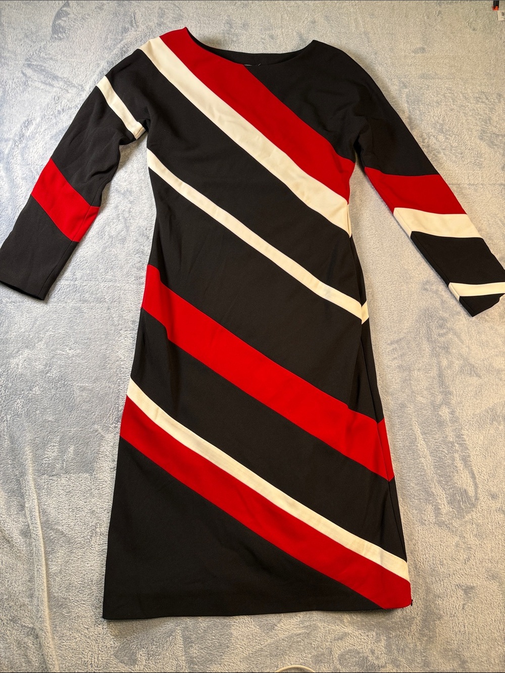 DCC Dorinda Clark-Cole Black Red White Diagonal Stripe Long Sleeve Dress 10